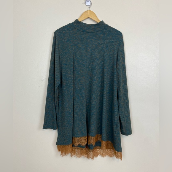 LOGO Lori Goldstein Mock Neck Tunic Top 1X Green Brown Lace Hem Long Sleeve - Picture 1 of 8